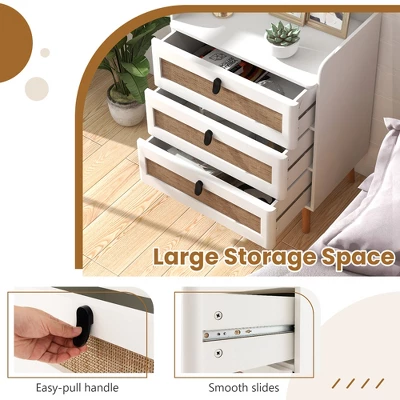 Tangkula Modern Nightstand End Bedside Table W/ 3 Rattan Drawers & Solid Wood Legs White 6 Tangkula Modern Nightstand End Bedside Table W/ 3 Rattan Drawers & Solid Wood Legs White - Image 4