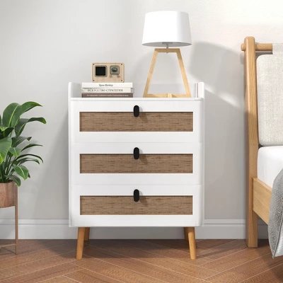 Tangkula Modern Nightstand End Bedside Table W/ 3 Rattan Drawers & Solid Wood Legs White 4 Tangkula Modern Nightstand End Bedside Table W/ 3 Rattan Drawers & Solid Wood Legs White - Image 2