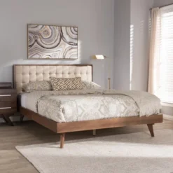 Soloman Mid - Century Modern Fabric And Walnut Finished Wood Platform Bed - Baxton Studio -Nexera Furniture Store GUEST 08cfbaf2 a013 4bd1 8a8f fc8f2ebedf39