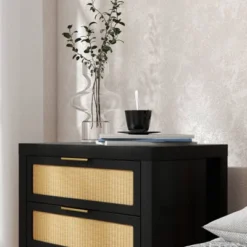 Angel Sar Rattan Night Stand With Drawers, 24'' Wide Boho Bedside Table With Large Storage And Sturdy Legs, Black -Nexera Furniture Store GUEST 0af8bed4 f0a9 4ce3 91b7 1f3b9acf7ee7