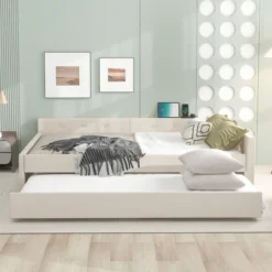 Full/Queen Size Upholstered Platform Bed With USB Ports, Modern Daybed With Trundle, Beige - ModernLuxe