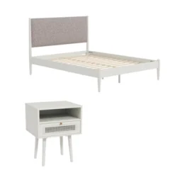 Roundhill Furniture Feeney 2-Piece Bedroom Set, Platform Bed With Nightstand, Cream White, Queen -Nexera Furniture Store GUEST 1558d90f ab2e 4741 98f0 7a5bb4fd0e79