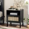 Angel Sar Rattan Nightstands Set Of 2, Accent End Table, Boho Bedside Table With 1 Hand Made Decorated Door For Living Room, Bedroom
