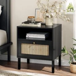 Angel Sar Rattan Nightstands Set Of 2, Accent End Table, Boho Bedside Table With 1 Hand Made Decorated Door For Living Room, Bedroom