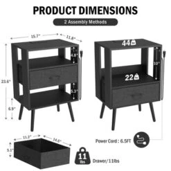 Kumasinova Wood Nightstand With Charging Station,Night Stand Set 2 With LED Lights,Nightstands With 2/4/6 Fabric Drawers,Bedside Table For Bedroom