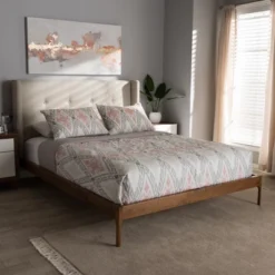 Brooklyn Mid Century Modern Walnut Wood Fabric Upholstered Platform Bed Beige - Baxton Studio -Nexera Furniture Store GUEST 17aa2621 1306 4148 b467 64c966c9216b