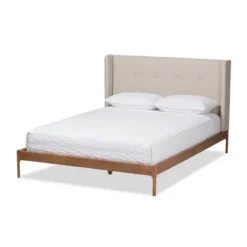 Brooklyn Mid Century Modern Walnut Wood Fabric Upholstered Platform Bed Beige - Baxton Studio -Nexera Furniture Store GUEST 198436f2 3e9d 4335 a979 3eed94635b5f