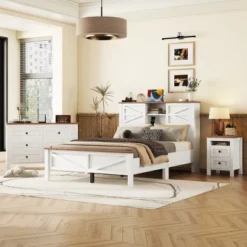 3-Pieces Bedroom Sets, Full Size Farmhouse Platform Bed, Double Storage And Charging Station, Storage Nightstand And Dresser-Cuddlewood -Nexera Furniture Store GUEST 1a8f19b5 dcb4 4a30 8f98 102f8fa805f2