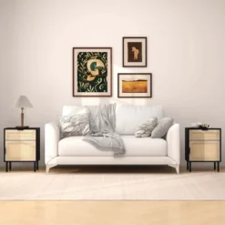 Costway Rattan Nightstand Set Of 2 Mid Century Modern End Table With Drawer & Cabinet