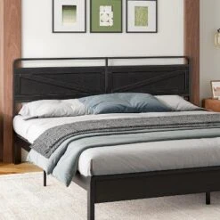 Metal & Wooden Panel Headboard, King Headboard, Minimalist Head Board With Metal Frame, Height Adjustable, With Bed Frame Adapter, Black