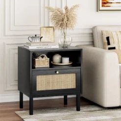 Angel Sar Rattan Nightstands Set Of 2, Accent End Table, Boho Bedside Table With 1 Hand Made Decorated Door For Living Room, Bedroom 15 Angel Sar Rattan Nightstands Set Of 2, Accent End Table, Boho Bedside Table With 1 Hand Made Decorated Door For Living Room, Bedroom -Nexera Furniture Store GUEST 22f70f6d 691e 47f9 93e8 b61271830aba