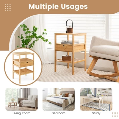 Tangkula Bamboo Nightstands Set Of 2 W/ Pull-out Drawer And Storage Shelf Wood Natural 9 Tangkula Bamboo Nightstands Set Of 2 W/ Pull-out Drawer And Storage Shelf Wood Natural - Image 7