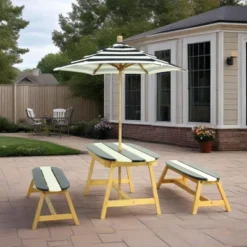 TopComfy Seating Sets Kids Picnic Table With Umbrella Outdoor Indoor Fun For Kid Room Living Room, Blue And White Stripes, 45.08"*25.79"*6.89" -Nexera Furniture Store GUEST 2840bc59 9b43 41a7 91e2 34b030911f1d