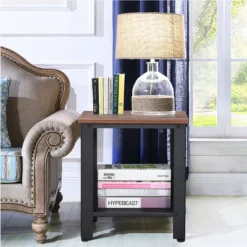 Tangkula Industrial Coffee End Table Bedside Nightstand With Shelf Black/Silver