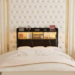 Aheaplus Upholstered Headboard With Storage Shelf, Charging Station And LED Light