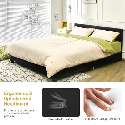 Costway Full Upholstered Platform Bed Frame With Linen/PU Headboard Wood Slat Gray/Black 7 Costway Full Upholstered Platform Bed Frame With Linen/PU Headboard Wood Slat Gray/Black - Image 5