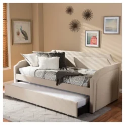 Parkson Modern And Contemporary Linen Fabric Curved Notched Corners Sofa Daybed With Roll - Out Trundle Guest Bed - Twin - Baxton Studio -Nexera Furniture Store GUEST 37d9221e ffb4 4813 9bb9 92d3ee29176e