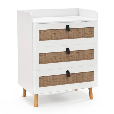 Tangkula Modern Nightstand End Bedside Table W/ 3 Rattan Drawers & Solid Wood Legs White 9 Tangkula Modern Nightstand End Bedside Table W/ 3 Rattan Drawers & Solid Wood Legs White - Image 7