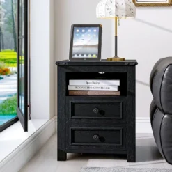 Dyonery Modern Wood End Table With Charging Station,Rustic 18 Inch Bedside Table With 2 Storage Drawers And Open Shelf, For Bedroom,Living Room -Nexera Furniture Store GUEST 3b4e4339 a547 4b69 af61 5b9fe2ad8c2b