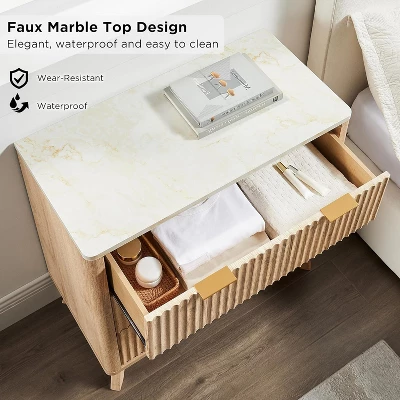 32" Tall Fluted Nightstand, Modern Side Table With Faux Marble Top, 3 Drawers End Table W/Storage, Bedside Table For Bedroom, Living Room 4 32" Tall Fluted Nightstand, Modern Side Table With Faux Marble Top, 3 Drawers End Table W/Storage, Bedside Table For Bedroom, Living Room - Image 3