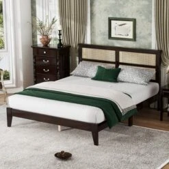 Queen/Full/King Size Rubber Wood Platform Bed With Rattan Headboard, Bed Frame With Support Legs - ModernLuxe