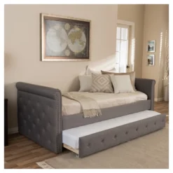 Twin Swanson Modern And Contemporary Fabric Tufted Daybed With Roll-Out Trundle Guest Bed Gray - Baxton Studio: Polyester Upholstery, Nailhead Detail -Nexera Furniture Store GUEST 4752c304 1a0c 40c3 8ed4 c1553686cde8
