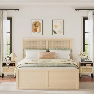 Angel Sar Rattan Nightstands Set Of 2, Boho Night Stand With 1 Door, Natural Wood 4 Angel Sar Rattan Nightstands Set Of 2, Boho Night Stand With 1 Door, Natural Wood - Image 2