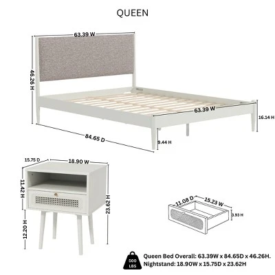 Roundhill Furniture Feeney 3-Piece Bedroom Set, Platform Bed With Two Nightstands, Cream White, Queen 13 Roundhill Furniture Feeney 3-Piece Bedroom Set, Platform Bed With Two Nightstands, Cream White, Queen - Image 11