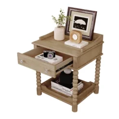 Classic Bedside Nightstand, Wooden Nightstand With Turned Legs And Metal Handle, Night Stand With Drawer And Open Shelf Storage-Baofuwish -Nexera Furniture Store GUEST 50a57c25 f108 4b12 8a18 d777e2027d05