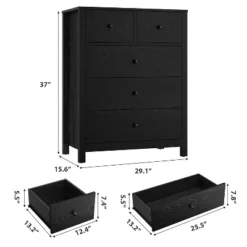 Acekool 37" Tall 5-Drawer Dresser, Deep Storage, Metal Knobs, Modern Wood Chest For Bedroom Entryway