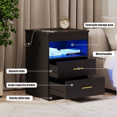 Fredees Night Stand With Drawer, Charging Bedside Table With USB & Type-C Port, LED Nightstand With Human Sensor Light. 9 Fredees Night Stand With Drawer, Charging Bedside Table With USB & Type-C Port, LED Nightstand With Human Sensor Light. - Image 7