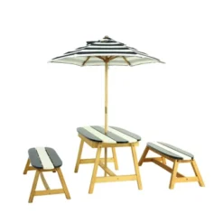 TopComfy Seating Sets Kids Picnic Table With Umbrella Outdoor Indoor Fun For Kid Room Living Room, Blue And White Stripes, 45.08"*25.79"*6.89"