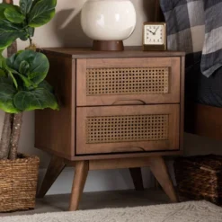 Barrett Wood And Synthetic Rattan 2 Drawer Nightstand Walnut Brown - Baxton Studio -Nexera Furniture Store GUEST 56ccb4e3 54dd 4028 a432 1cf073a1aae1