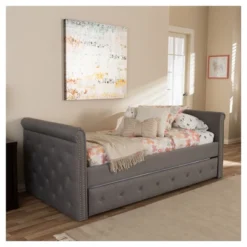 Twin Swanson Modern And Contemporary Fabric Tufted Daybed With Roll-Out Trundle Guest Bed Gray - Baxton Studio: Polyester Upholstery, Nailhead Detail -Nexera Furniture Store GUEST 582aeb7b 03c5 4885 862f 57083a3d833a