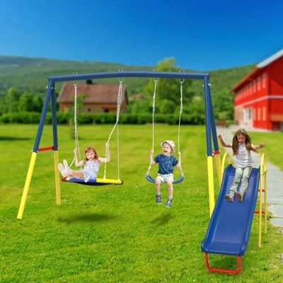 Aukfa 3 In 1 Outdoor Swing Set - 32'' Saucer Swing + Belt Swing + Slide, A-Frame Frame, Easy Install For Backyard/Patio 3 Aukfa 3 In 1 Outdoor Swing Set - 32'' Saucer Swing + Belt Swing + Slide, A-Frame Frame, Easy Install For Backyard/Patio