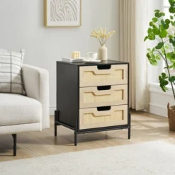 ODK Rattan Nightstand, Boho Bedside Table With 3 Large Storage Capacity, Spacious Surface, Modern Storage Night Stand For Bedroom, Black -Nexera Furniture Store GUEST 5bccb25c df21 45c9 814a 59fc3f86293b