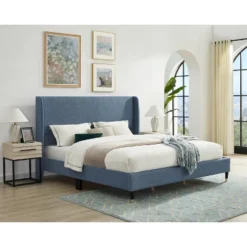 Roundhill Furniture Arles 3-Piece Upholstered Bedroom Set, Wingback Platform Bed With Two Nightstands