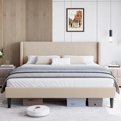 Bed Frame With Vertical Channel Headboard, Upholstered Bed Frame With Wood Slats 4 Bed Frame With Vertical Channel Headboard, Upholstered Bed Frame With Wood Slats - Image 2