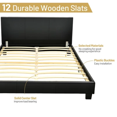 Costway Full Upholstered Platform Bed Frame With Linen/PU Headboard Wood Slat Gray/Black 8 Costway Full Upholstered Platform Bed Frame With Linen/PU Headboard Wood Slat Gray/Black - Image 6