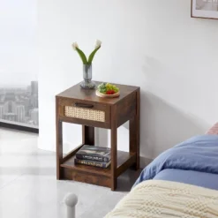 KWPZQEB 15.75" Rattan Nightstand, Bed Side Table With Drawer & Open Shelf, Modern Wooden Night Stand For Bedroom Living Room -Nexera Furniture Store GUEST 6844a71a d166 49d7 b914 aca92510e47a