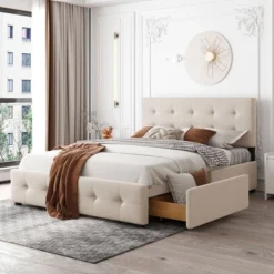 Upholstered Queen Size Platform Bed With Classic Headboard And 4 Drawers-ModernLuxe -Nexera Furniture Store GUEST 6e11f64c 3bc7 4f9b b220 33669a283040
