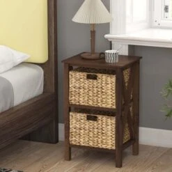 Costway 1/2 PCS 2-Tier Nightstand With 2 Seagrass Baskets Rubber Wood X-Shaped Frames 2 Drawers -Nexera Furniture Store GUEST 747659d0 0d22 4382 aa1e fc9558cac660