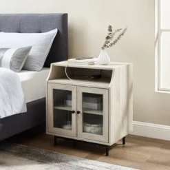 Fluted Glass Double Door Nightstand With USB Port - Saracina Home -Nexera Furniture Store GUEST 75111b34 f297 4331 be9c 87304e7c0ebf