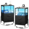 GALAXHERO Night Stand Set Of 2,Small End Tables With Charger Station Nightstand With 2 Fabric Drawers & Storage Shelf, LED Bedside Table For Bedroom
