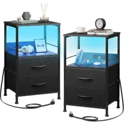 GALAXHERO Night Stand Set Of 2,Small End Tables With Charger Station Nightstand With 2 Fabric Drawers & Storage Shelf, LED Bedside Table For Bedroom