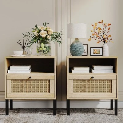 Angel Sar Rattan Nightstands Set Of 2, Accent End Table, Boho Bedside Table With 1 Hand Made Decorated Door For Living Room, Bedroom 10 Angel Sar Rattan Nightstands Set Of 2, Accent End Table, Boho Bedside Table With 1 Hand Made Decorated Door For Living Room, Bedroom - Image 8