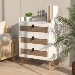 Tangkula Modern Nightstand End Bedside Table W/ 3 Rattan Drawers & Solid Wood Legs White