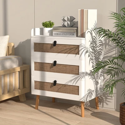 Tangkula Modern Nightstand End Bedside Table W/ 3 Rattan Drawers & Solid Wood Legs White 3 Tangkula Modern Nightstand End Bedside Table W/ 3 Rattan Drawers & Solid Wood Legs White