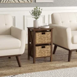 Costway 1/2 PCS 2-Tier Nightstand With 2 Seagrass Baskets Rubber Wood X-Shaped Frames 2 Drawers -Nexera Furniture Store GUEST 888cc0ee 88ea 459a afd6 f1220852a4ec