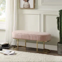 Simple Relax Set Of 2 Velvet Bench With Metal Base In Pink